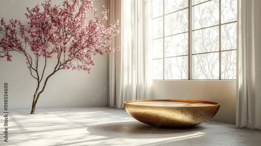 A luxurious and minimal interior design featuring a 3D background with a cream wall, a gold side table, a window overlooking a courtyard, and shadows cast on a beige floor. A luxurious and minimal interior design featuring a 3D background with a cream wall, a gold side table, a window overlooking a courtyard, and shadows cast on a beige floor.