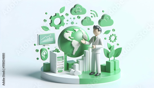 3D Entrepreneur implementing green IT solutions in soft abstract environment copy space concept as An entrepreneur implements green IT solutions in a soft abstract environment showcasing the integrati photo