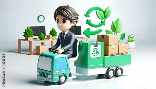 3D Entrepreneur overseeing eco friendly logistics in bokeh digital art copy space concept as An entrepreneur oversees eco friendly logistics operations in a bokeh digital art background highlighting s photo