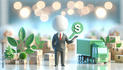 3D Entrepreneur overseeing eco friendly logistics in bokeh digital art copy space concept as An entrepreneur oversees eco friendly logistics operations in a bokeh digital art background highlighting s photo