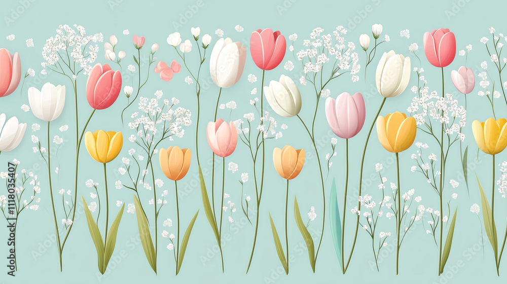colorful tulips, accompanied by delicate baby breath flowers, set against a mint green background beauty, wellness, or nature. Ideal for greeting cards, event invitations, or seasonal banner, web colorful tulips, accompanied by delicate baby breath flowers, set against a mint green background beauty, wellness, or nature. Ideal for greeting cards, event invitations, or seasonal banner, web