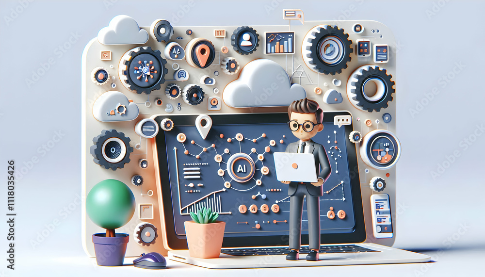 Fototapeta premium 3D Entrepreneur using AI driven business development tools in home office copy space concept as Entrepreneur uses AI driven business development tools in home office highlighting intelligent growth st