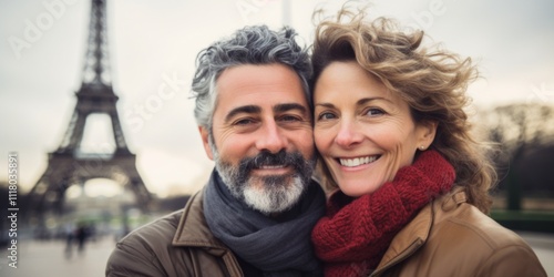 Mature couple showing love near eiffel tower.  Paris the city of love. Generative AI.