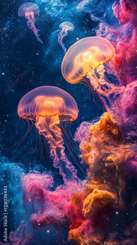 Naklejka premium Colorful jellyfish swim through a cosmic ocean with vibrant gases