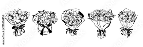 Peony bouquet icon set, bride flower line hand drawn illustration vector romantic Valentine surprise. Floral doodle clipart, blossom bunch love botanical graphic, strawberry. Peony bouquet elegant art