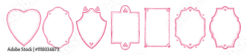 Love doodle frame set, vector watercolor cute Valentine day border, pink heart wedding card design. Hand drawn elegant minimal decor collection, romantic shield. Coquette love frame invitation print