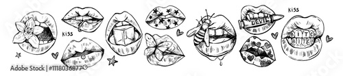 Pencil hand drawn lips doodle set, vector female mouth collection, charcoal trendy kiss, flower, bee. Valentine Day hot sticker, grunge emo tattoo sketch, woman teeth, bullet, star. Lips doodle print