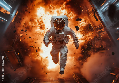 Astronaut runs inside burning spaceship, fire and explosion in spacecraft or space station. Concept of disaster, accident, explode. Astronaut escaping fire in spaceship like in sci-fi movie photo