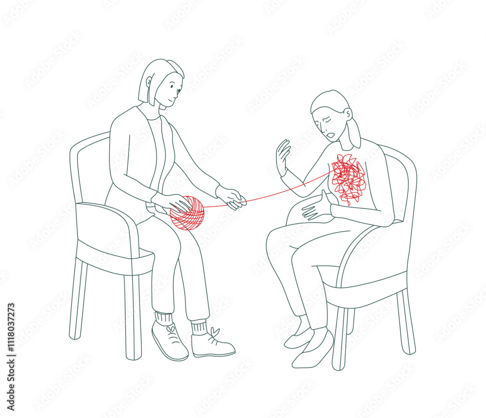 Line art of therapy session. Psychology helps patient. Line art of therapy session. Psychology helps patient.