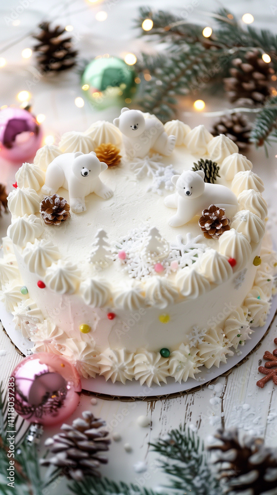 A Christmas cake with white frosting, decorated with fondant polar bears, delicate snowflakes, and a cute winter scene. A Christmas cake with white frosting, decorated with fondant polar bears, delicate snowflakes, and a cute winter scene.