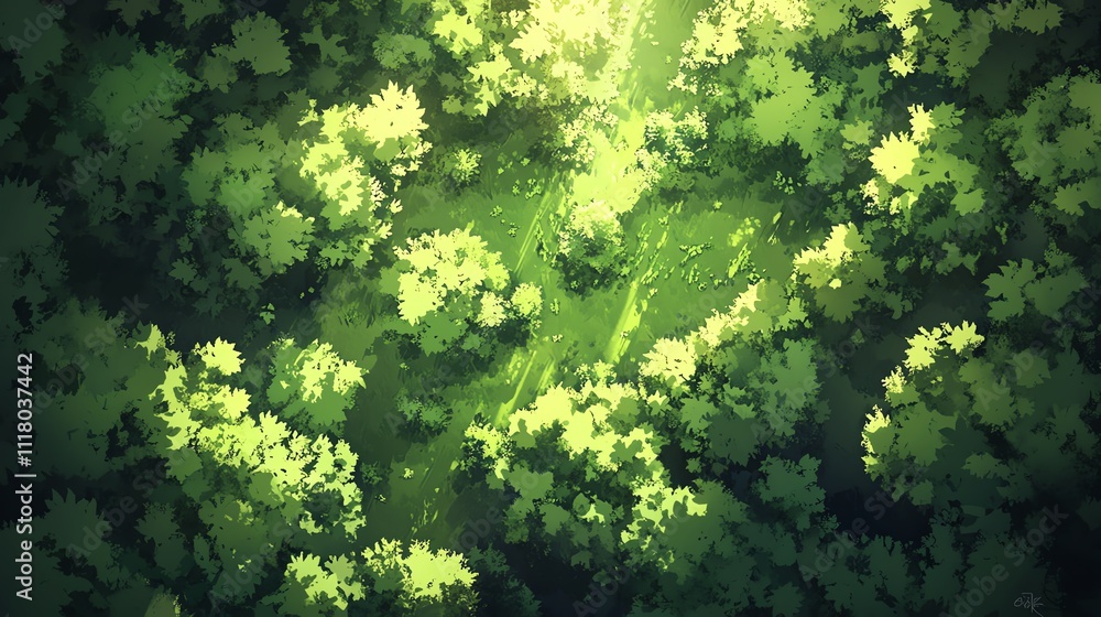 Aerial view of dense green foliage illuminated by natural light. Aerial view of dense green foliage illuminated by natural light.