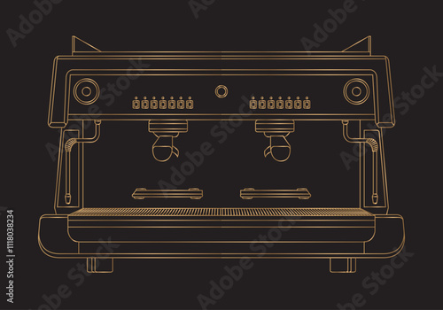 Vector golden line drawing on black background. Manual coffee maker.