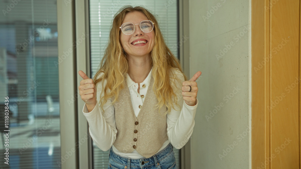 Woman smiling with thumbs up in office showcasing positive attitude while wearing casual attire, looking confident in a professional indoor setting with natural lighting. Woman smiling with thumbs up in office showcasing positive attitude while wearing casual attire, looking confident in a professional indoor setting with natural lighting.