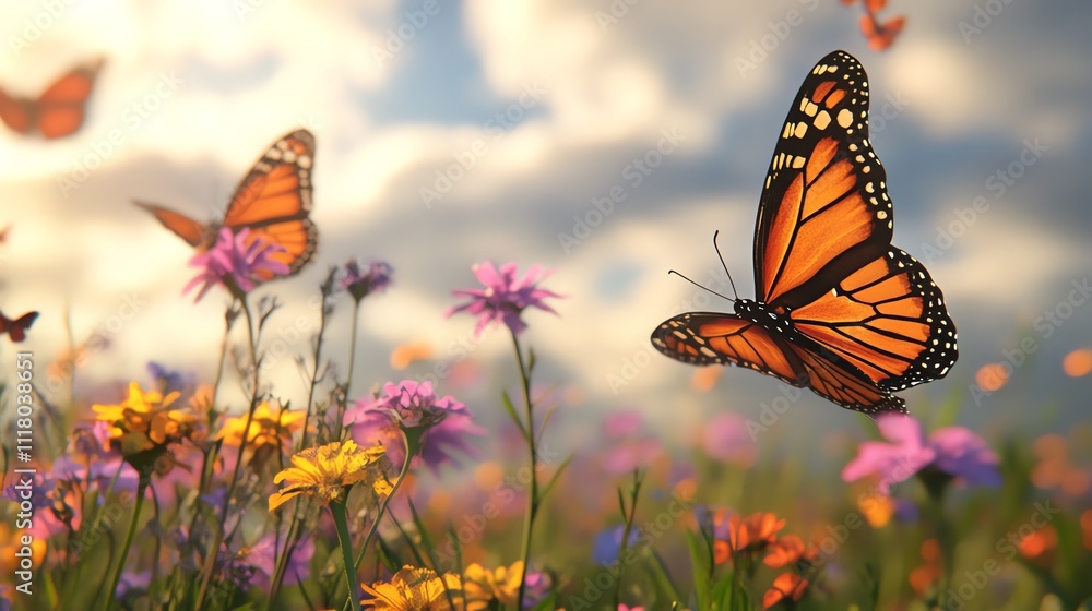 Naklejka premium Butterflies flying over colorful wildflowers.