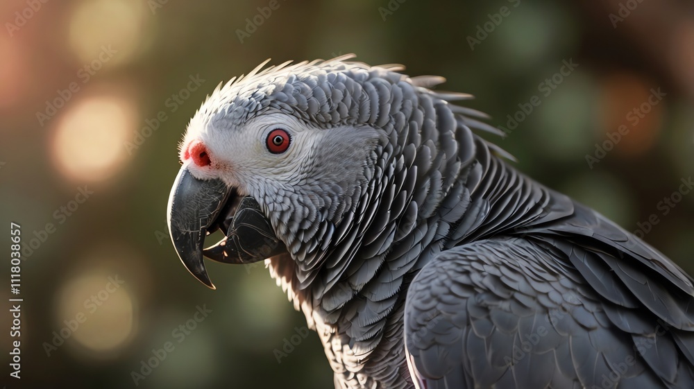 Fototapeta premium A gray parrot with red eyes is closeup