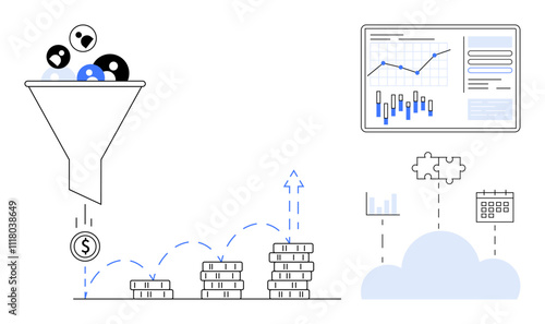 Funnel converting users to money, stacks of coins increasing, analytics dashboard, cloud integration. Ideal for marketing, business growth, financial forecasting, data analysis, sales strategy
