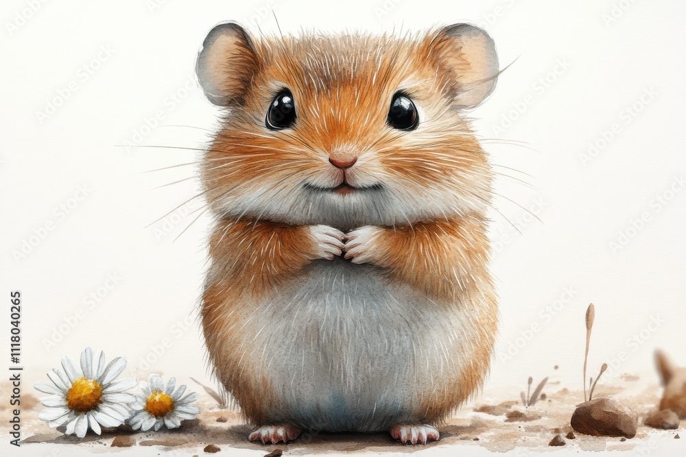A cute, fluffy hamster stands with its paws together beside daisies in a serene setting. A cute, fluffy hamster stands with its paws together beside daisies in a serene setting.