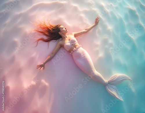 Wallpaper Mural Woman mermaid relaxed in water. Light pink and blue colors. Creative minimal concept. She looks serene. Summer vacation scene. Underwater photo. Beautiful illustration. Torontodigital.ca