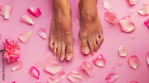 woman feet and rose petals on pink background