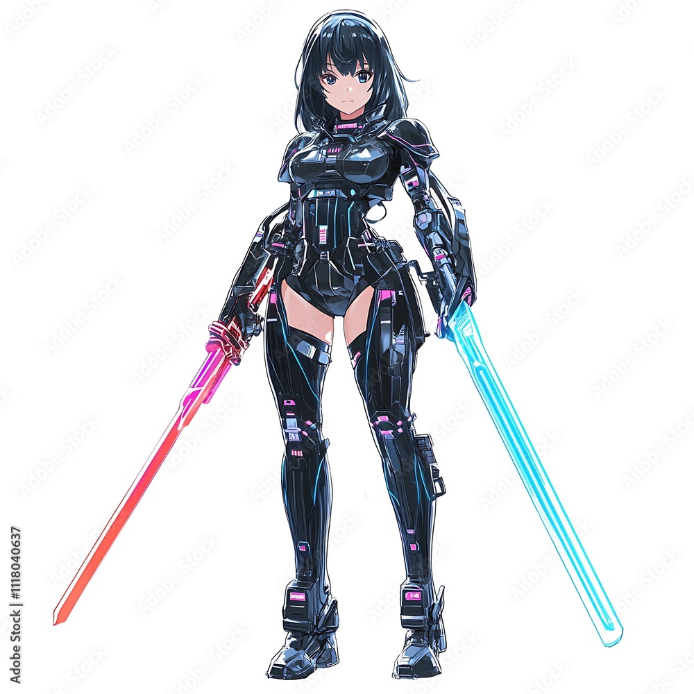 Anime Girl in Futuristic Battle Suit with Laser Sword on White Background Anime Girl in Futuristic Battle Suit with Laser Sword on White Background