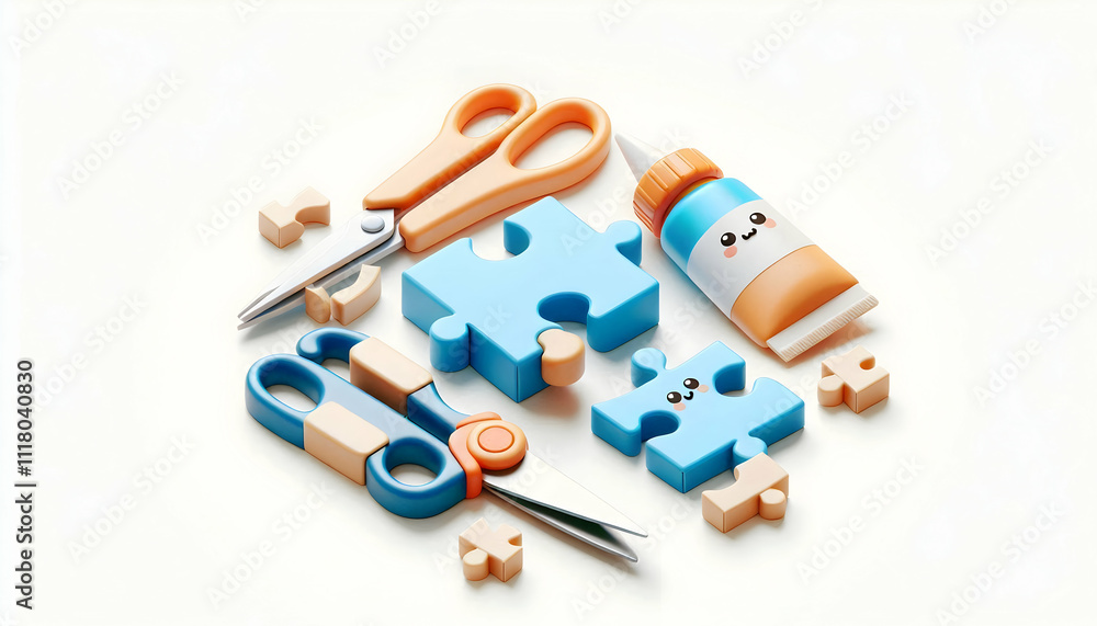 3D Flat lay of puzzle tools (glue scissors) isolated on white background concept as Flat lay composition of puzzle tools like glue and scissors representing preparation and dedication in team building 3D Flat lay of puzzle tools (glue scissors) isolated on white background concept as Flat lay composition of puzzle tools like glue and scissors representing preparation and dedication in team building