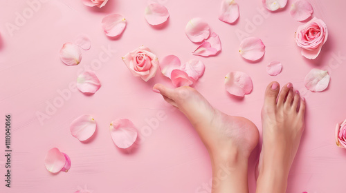 woman feet and rose petals on pink background photo