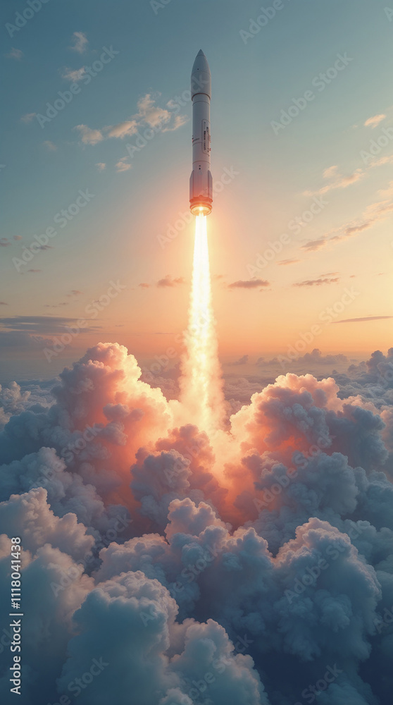 A rocket takes off into the sky, leaving behind a trail of fire and smoke, against a backdrop of scattered clouds as the sun rises. A rocket takes off into the sky, leaving behind a trail of fire and smoke, against a backdrop of scattered clouds as the sun rises.