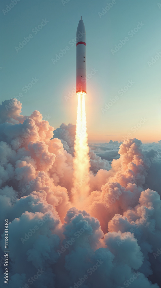 A rocket takes off into the sky, leaving behind a trail of fire and smoke, against a backdrop of scattered clouds as the sun rises. A rocket takes off into the sky, leaving behind a trail of fire and smoke, against a backdrop of scattered clouds as the sun rises.