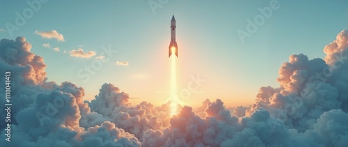 A rocket takes off into the sky, leaving behind a trail of fire and smoke, against a backdrop of scattered clouds as the sun rises.