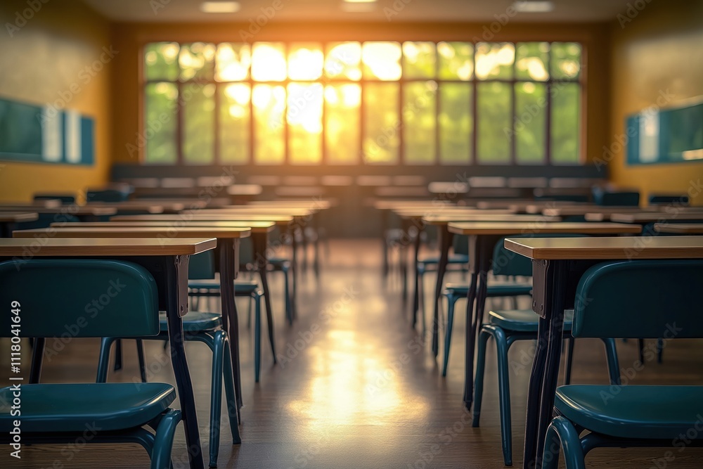 Empty classroom interior with rows of desks, chairs. Sunlight streams through large windows. Empty space suggests no students teachers present. Modern school environment with natural light. Empty classroom interior with rows of desks, chairs. Sunlight streams through large windows. Empty space suggests no students teachers present. Modern school environment with natural light.