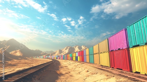 Colorful shipping containers in desert landscape