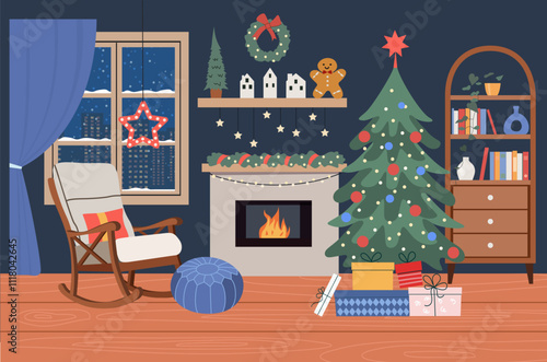 Living room Christmas interior. Comfortable rocking chair, Christmas tree,  fireplace, window and gift boxes. Vector flat cartoon illustration