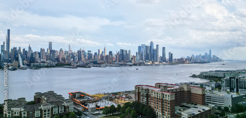 new york city skyline wide angle panorama view (skyscrapers of midtown and downtown financial center) nyc tourism travel nj west overlook (aerial vista) manhattan architecture