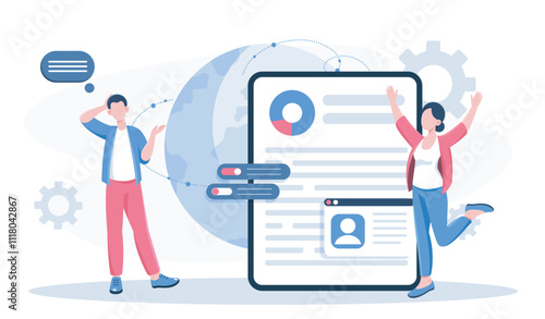 Business briefing concept. Man and woman near tablet with graphs and diagrams. Business strategy and planning. Seminar and conference. Brainstorming and partnership. Flat vector illustration