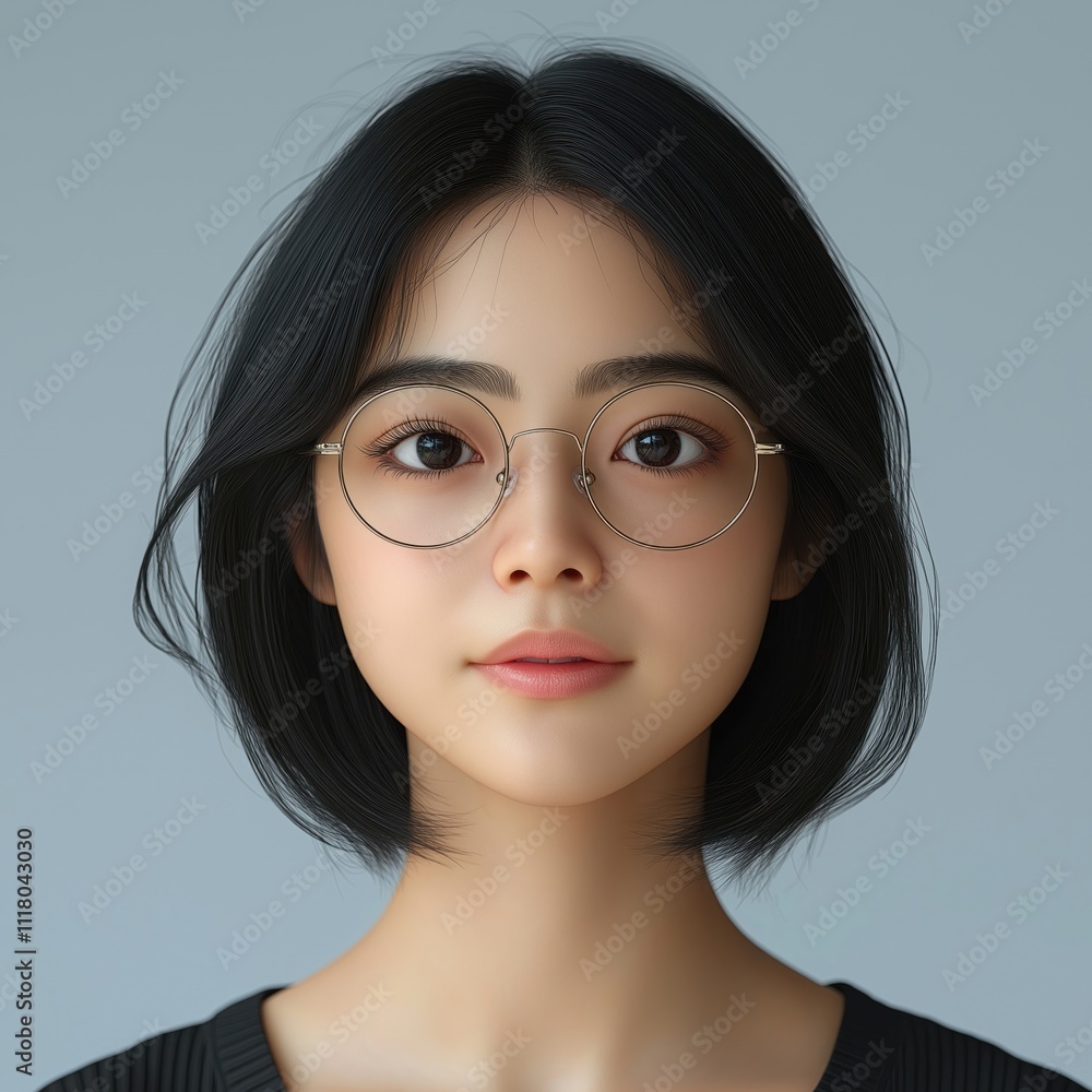 Attractive young Asian woman with glasses poses for biometric passport photo. Natural look, healthy skin complement stylish short hair. Neutral gray background isolates face. Studio shot. Digital Attractive young Asian woman with glasses poses for biometric passport photo. Natural look, healthy skin complement stylish short hair. Neutral gray background isolates face. Studio shot. Digital