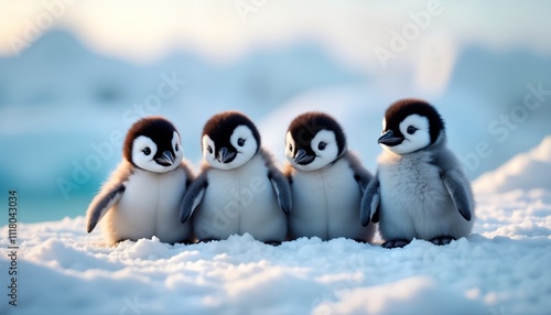 Four adorable penguin chicks stand close together in snow. Soft fluffy feathers, big eyes create cute scene. In Antarctica similar wintry environment. Beautiful nature scene of baby animals in wild photo