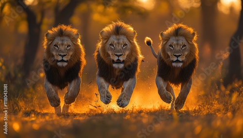 Three Lions Running Towards the Golden Sunset