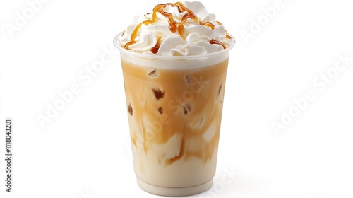 Iced Caramel Latte with whipped cream in a plastic cup, isolated on white background.