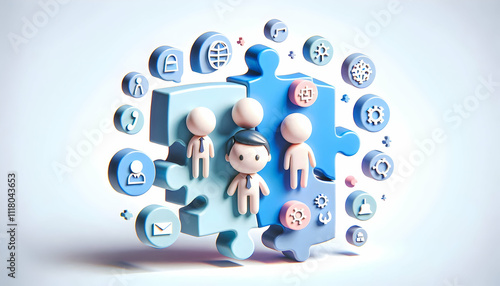 3D Floating puzzle pieces with team icons isolated on white background concept as Floating puzzle pieces adorned with team icons symbolizing flexibility and dynamic teamwork in team building puzzle so