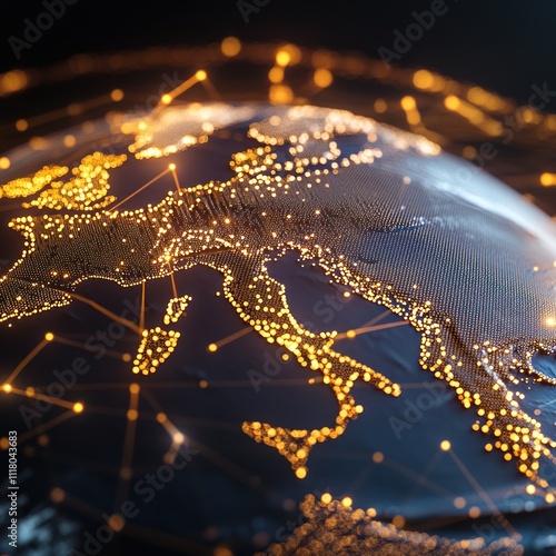 Glowing network over Europe on a digital map