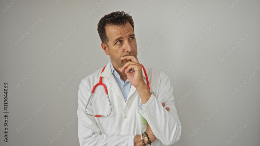 Hispanic doctor in white coat wearing a stethoscope thinking with hand on chin, isolated on a white background. Hispanic doctor in white coat wearing a stethoscope thinking with hand on chin, isolated on a white background.