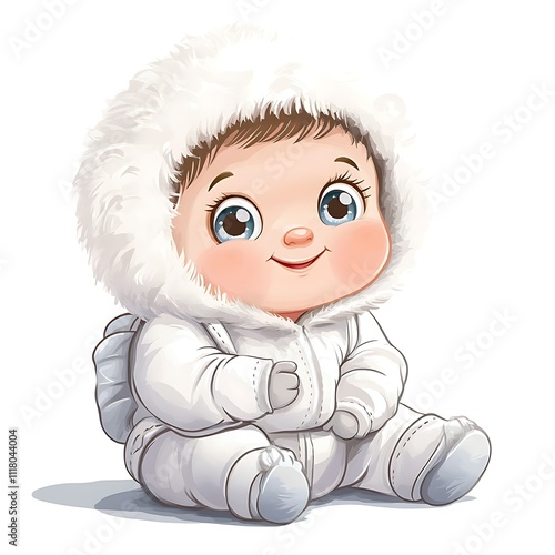 Cartoon baby in a snowsuit with a fluffy hood on a white background photo