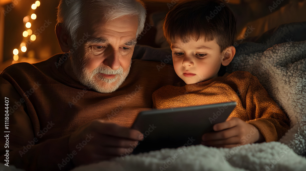 A warm, intimate moment as a grandfather and his grandson share a bonding experience while browsing on a digital tablet together, enveloped in cozy blankets. A warm, intimate moment as a grandfather and his grandson share a bonding experience while browsing on a digital tablet together, enveloped in cozy blankets.