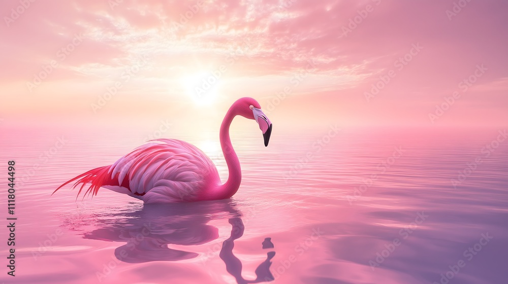 Fototapeta premium A flamingo wading in reflective pink hued waters during sunset, elegant and serene.