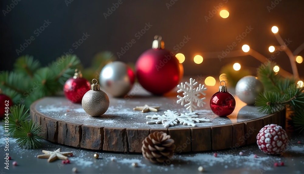 A sleek, round platform with silver and red holiday ornaments, A sleek, round platform with silver and red holiday ornaments,