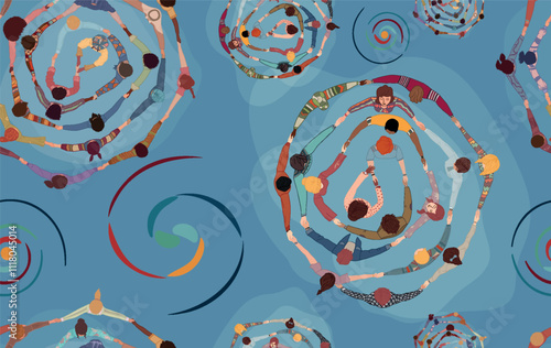 Backdrop seamless pattern with group of diverse people in a circle from different cultures holding hands. Top view. Racial equality. Community men and women of friends or volunteers. Team
