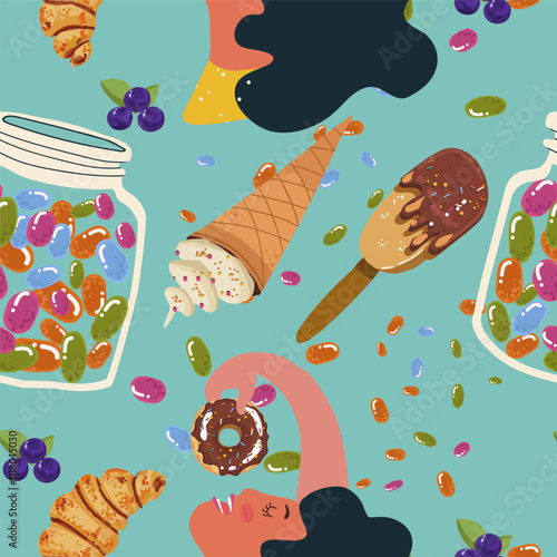 Seamless pattern, sugar addiction, desserts, sweets, girl, woman character, hand drawn, vector.