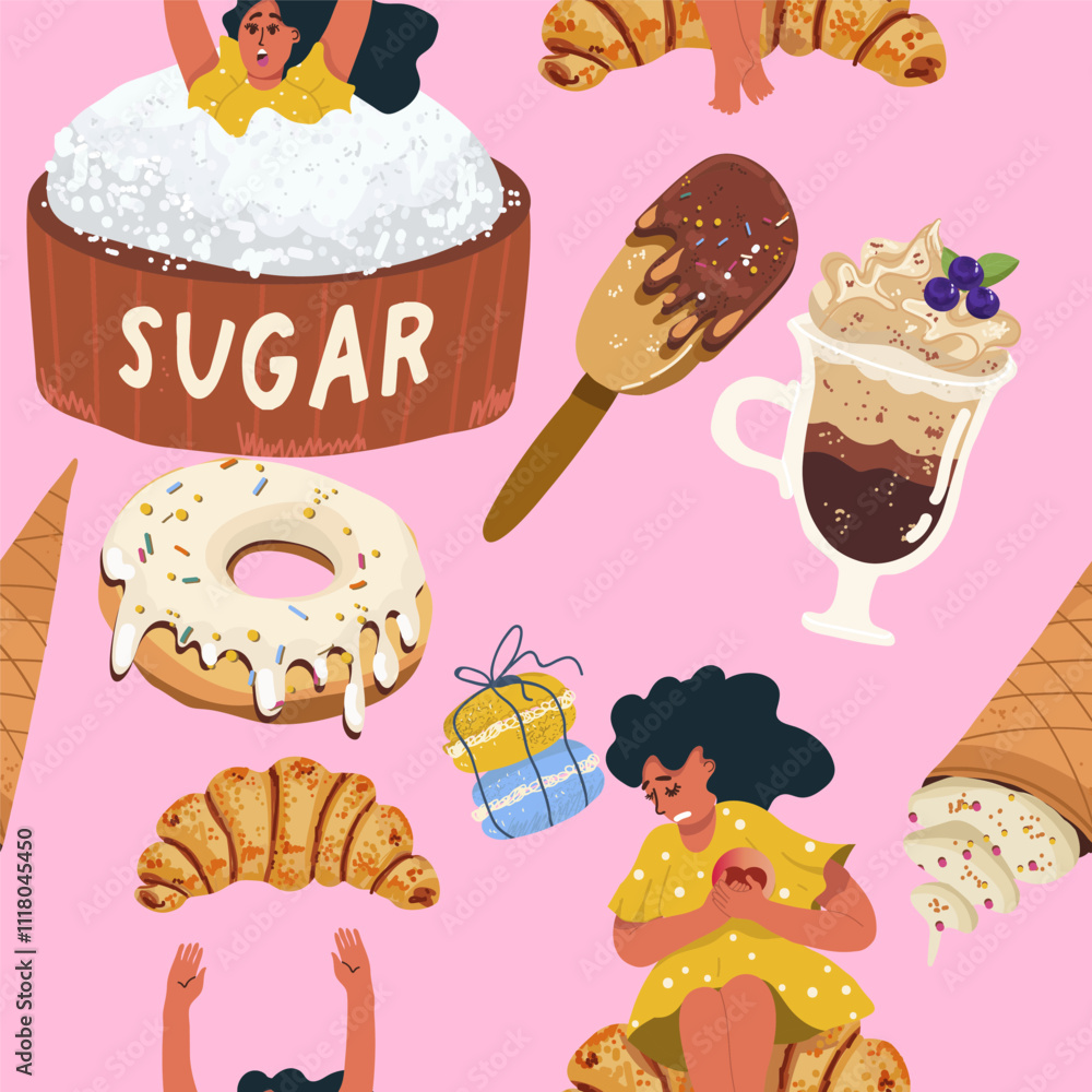 Seamless pattern, sugar addiction, desserts, sweets, girl, woman character, hand drawn, vector. Seamless pattern, sugar addiction, desserts, sweets, girl, woman character, hand drawn, vector.