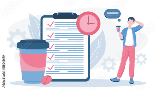 Business coffee time. Man with mug of hot drink and clipboard. Corporate businessman with americano and cappuccino, latte. Flat vector illustration