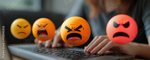 cyberbullying concept, Emotional expressions on keyboard typing